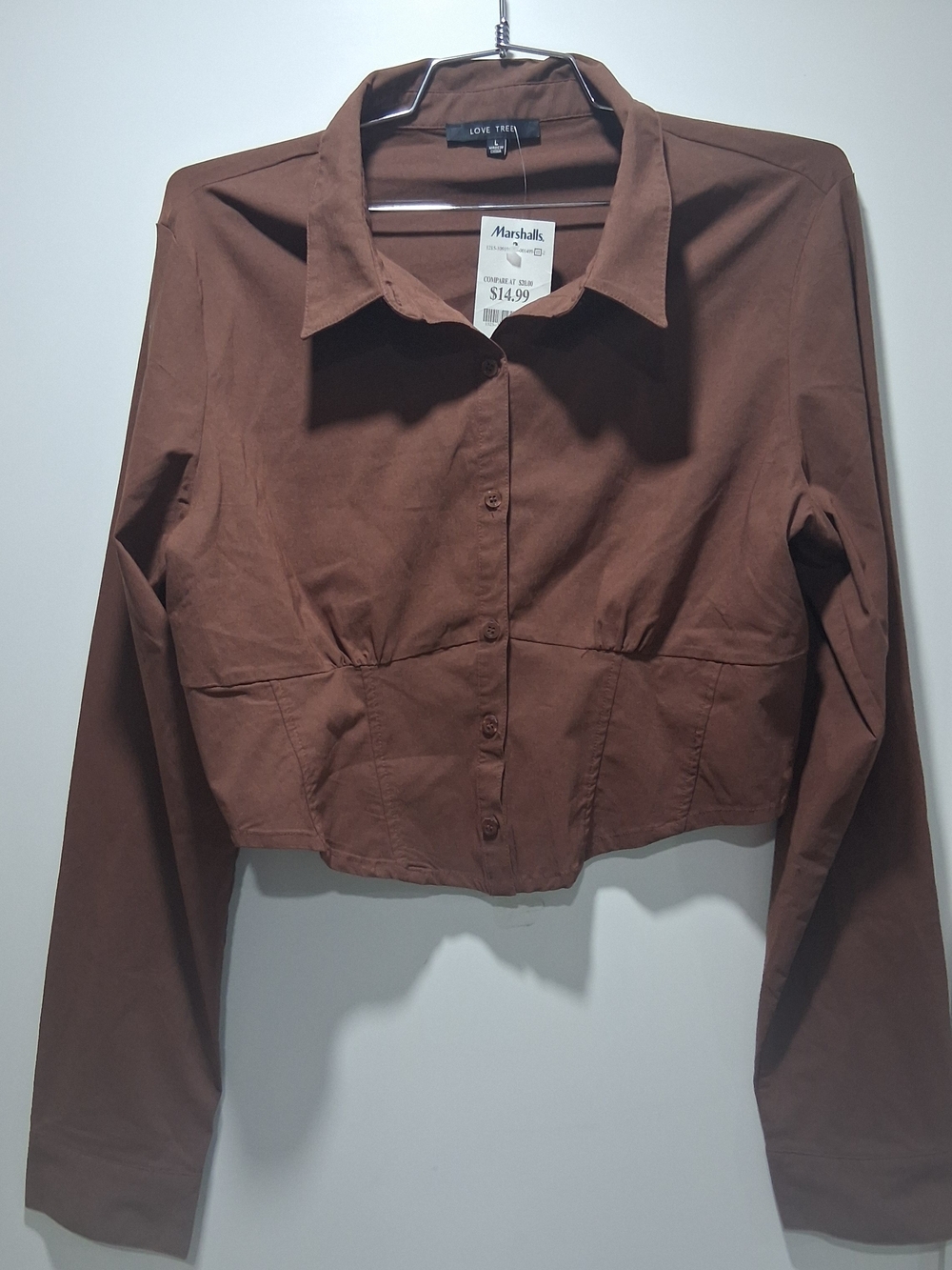 Love Tree Brown Cropped Button-Front Shirt Large NWT